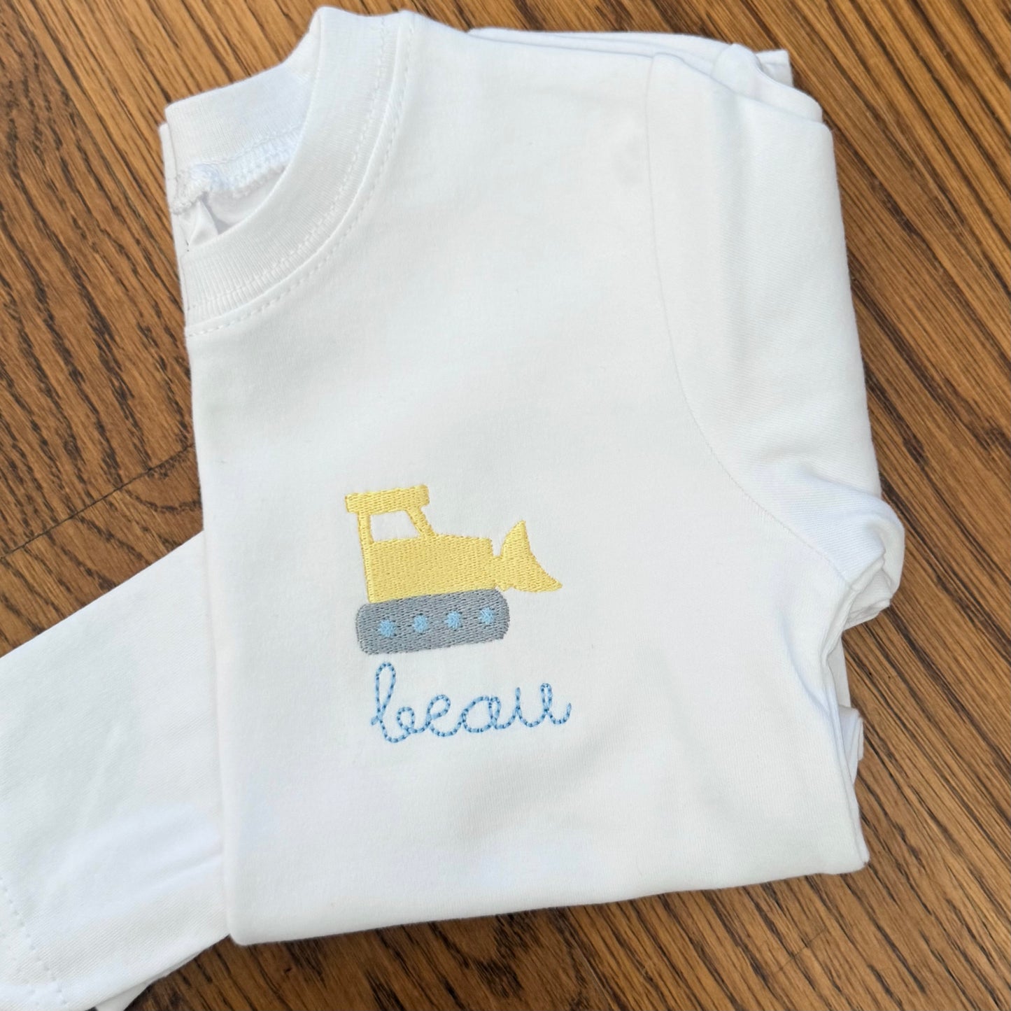 Boys Tee - White with Mini Backhoe Excavator Design and Name Embroidered