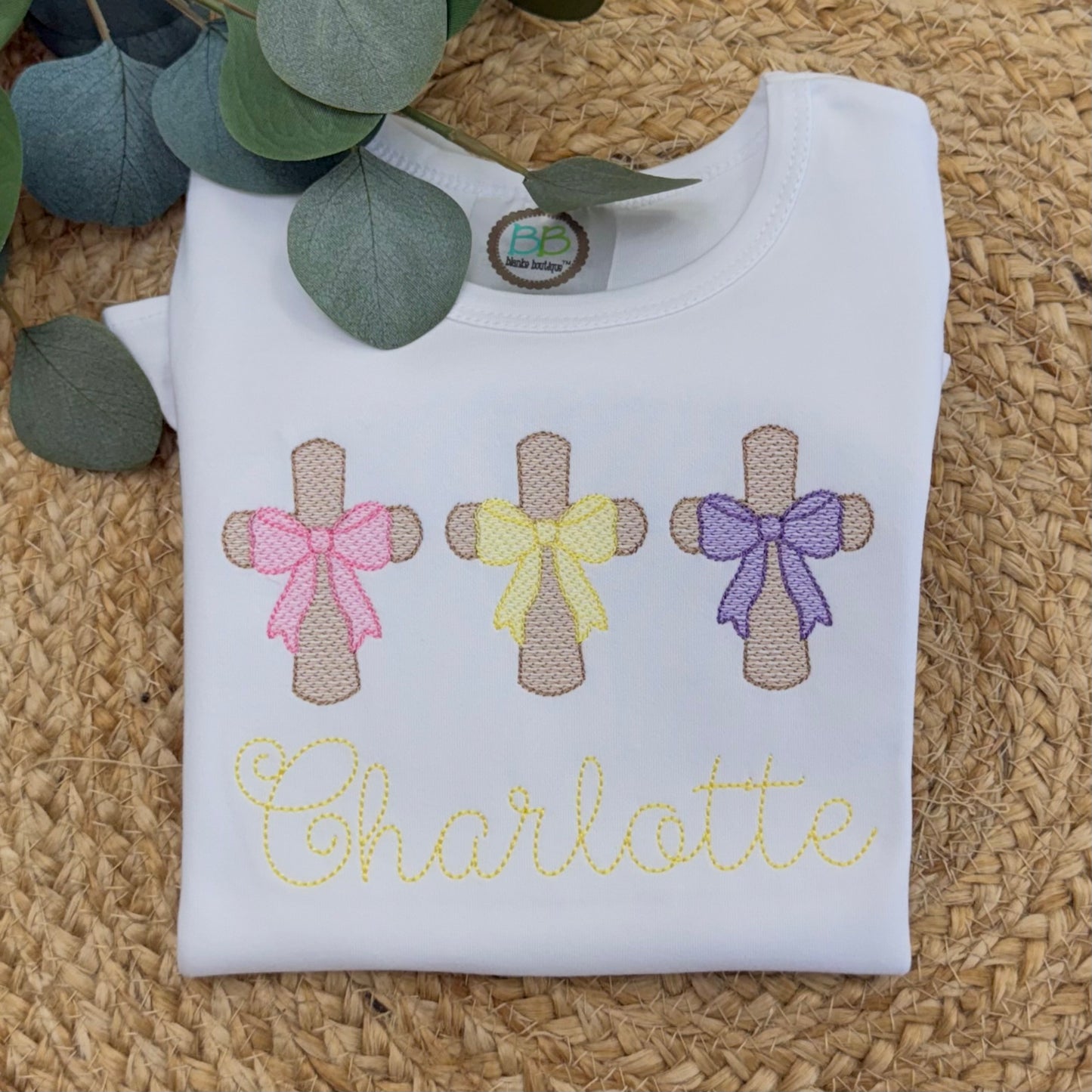Cross with Bows Spring and Easter Embroidered Shirt with Name