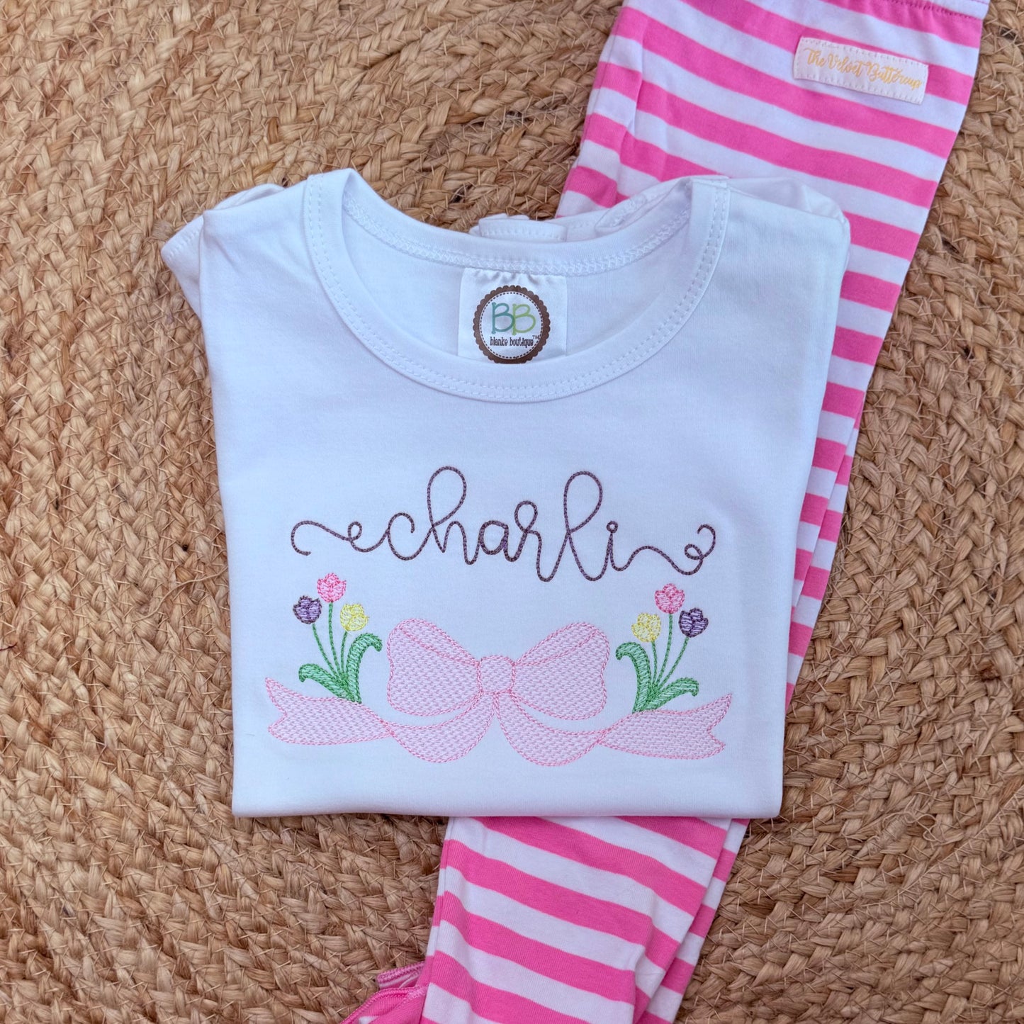 Spring Tulips with Bow Spring Embroidered Shirt with Name