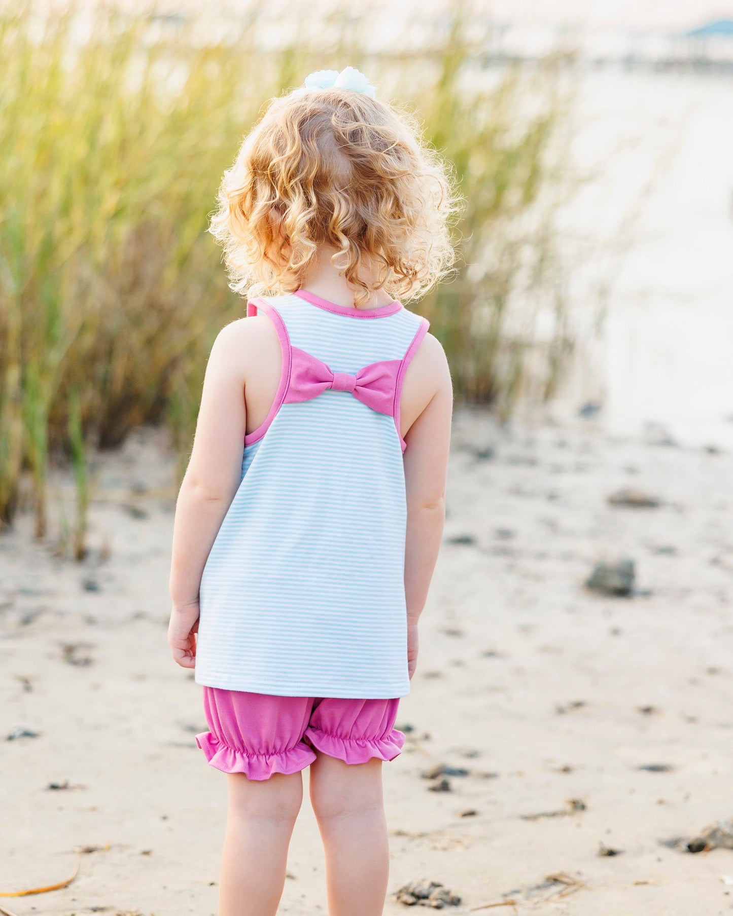 Abby Bow Back Bloomer Set - Aqua Stripe and Fuchsia