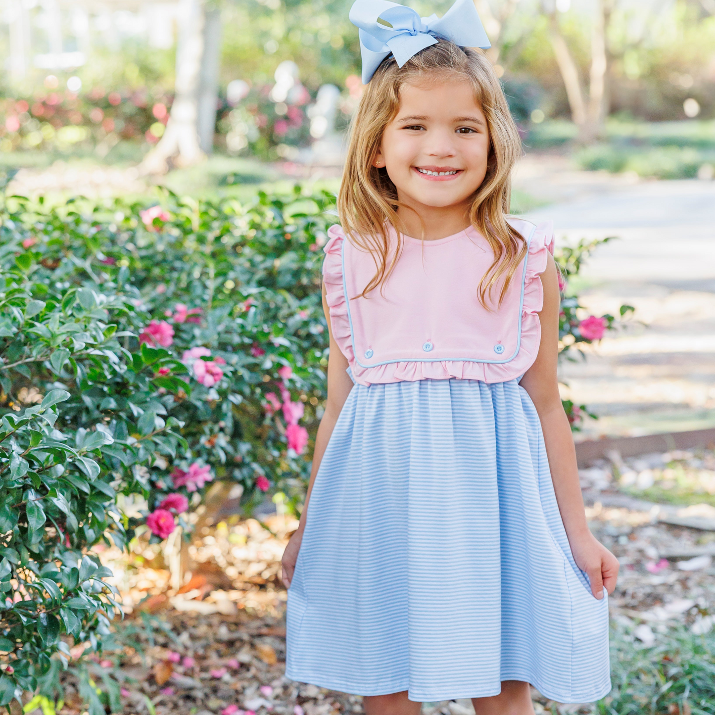 Amelia Dress - Pink with Light Blue Stripe