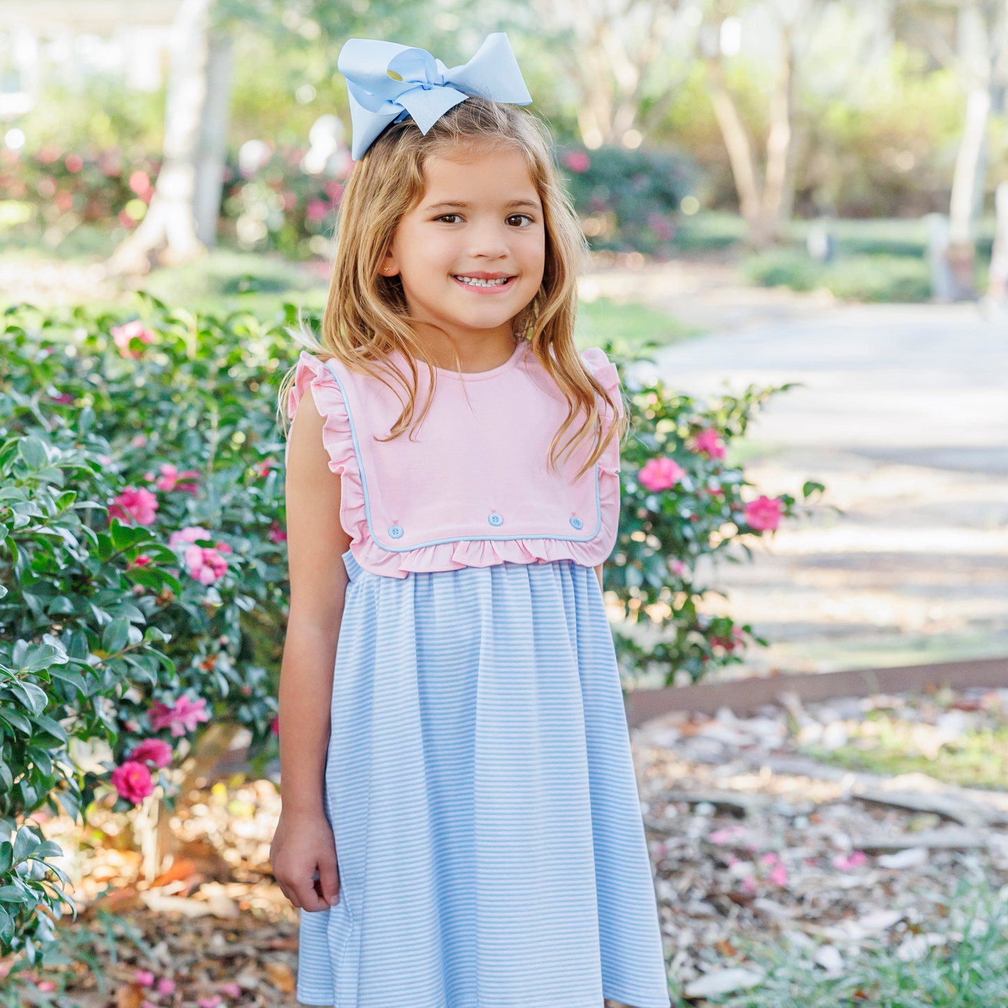 Amelia Dress - Pink with Light Blue Stripe