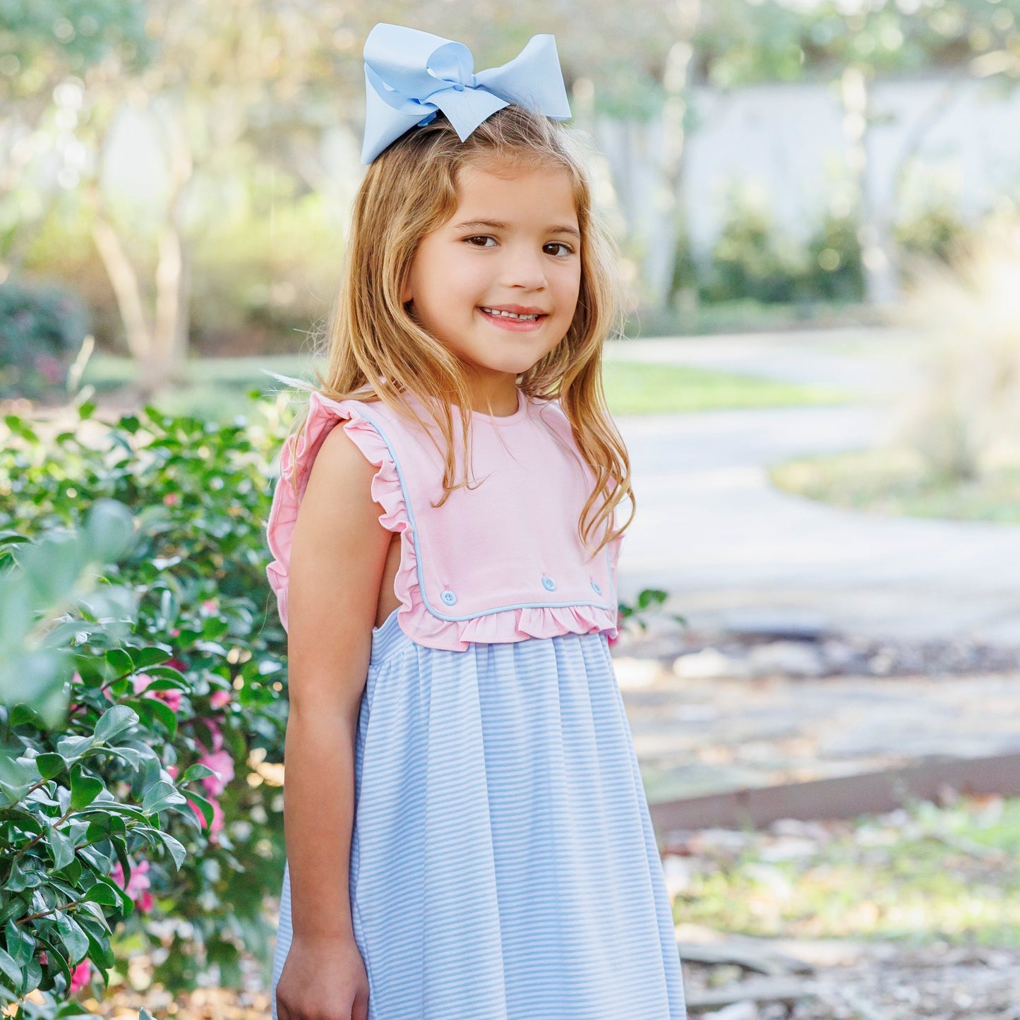 Amelia Dress - Pink with Light Blue Stripe