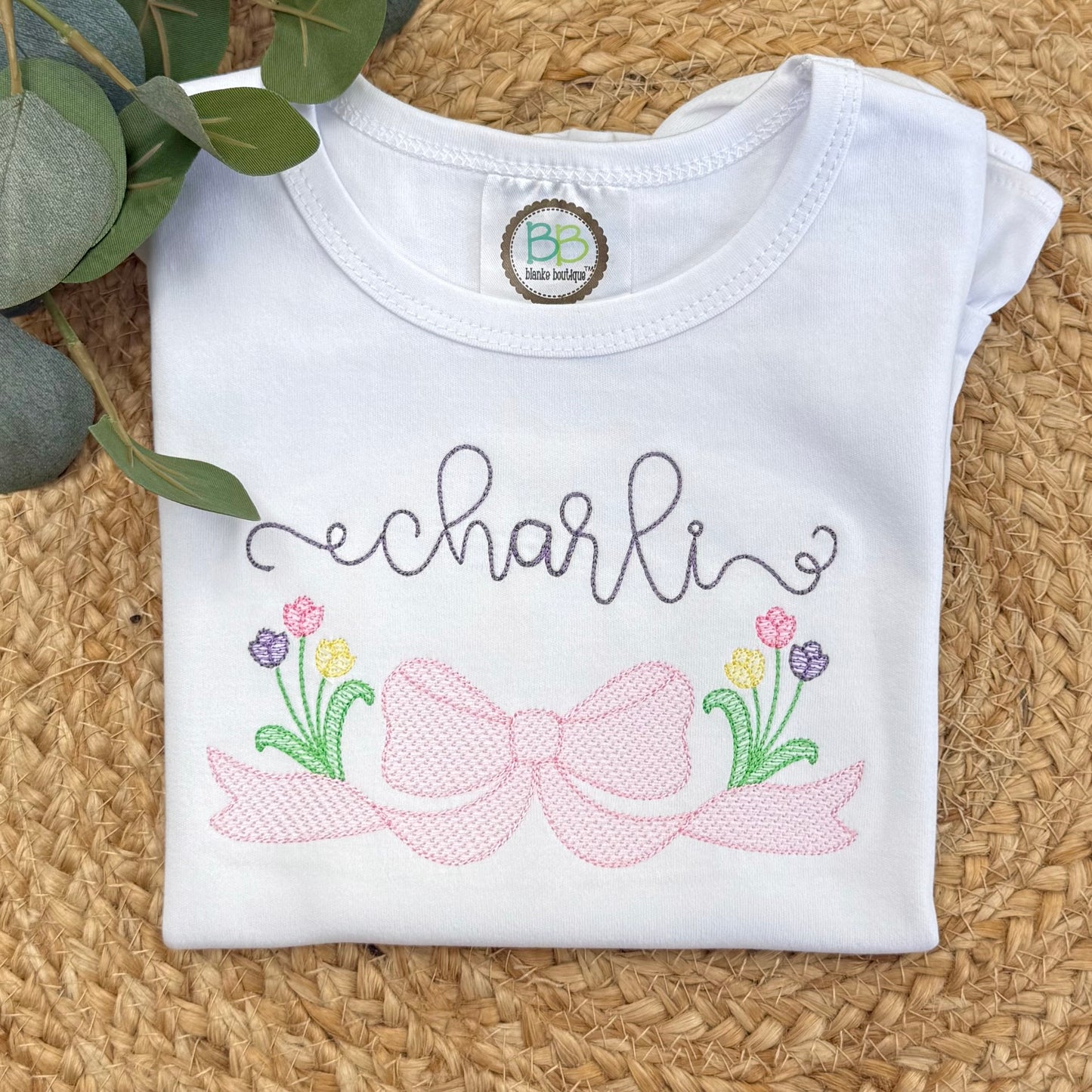 Spring Tulips with Bow Spring Embroidered Shirt with Name
