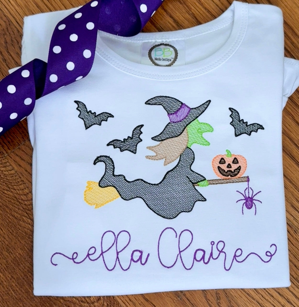 Witch Riding a Broom Halloween Embroidered Shirt
