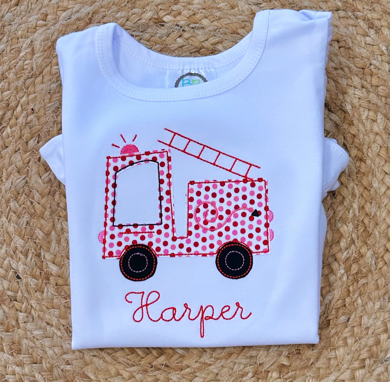 Fire truck - Girly Fireteuck Applique with Name Tee