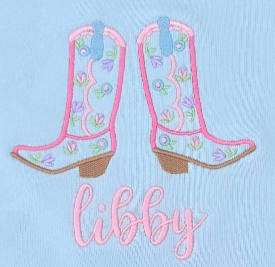 Floral Boots with Name Embroidered on Sweatshirt Bubble
