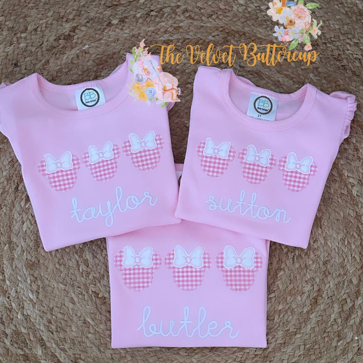 Minnie Mouse Appliqué Trio Shirt or Romper with Embroidered Name