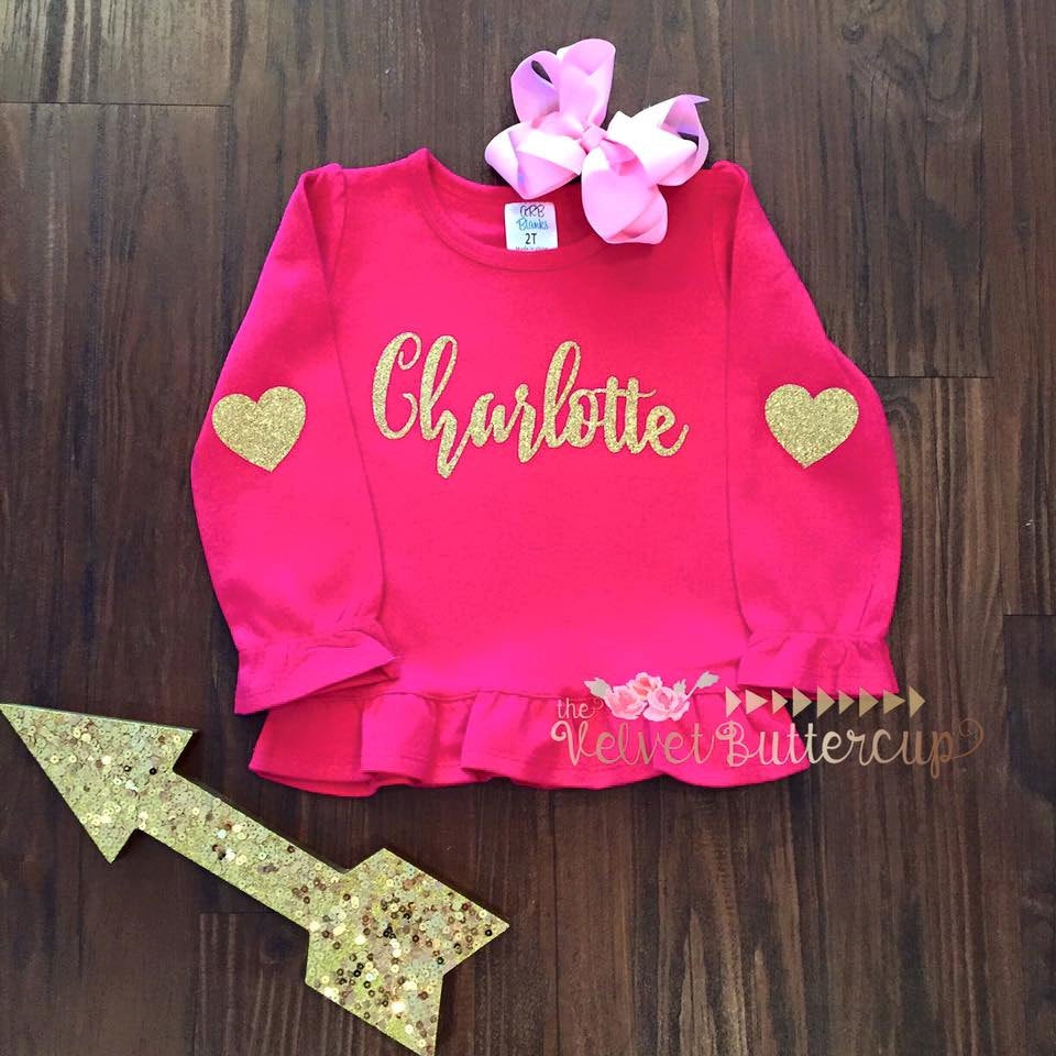 Valentine's Day Shirt - Heart Shirt - Heart Elbow Patch - Girls Valentines Day Shirt - Monogrammed Shirt - Pink Shirt - Gold Monogram Shirt