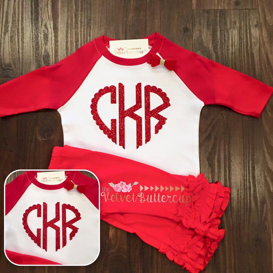 Valentine's Day Shirt - Heart Shirt - Girls Valentines Day Shirt - Monogrammed Shirt - Red Shirt - Scallop Heart Monogram - Baseball Shirt