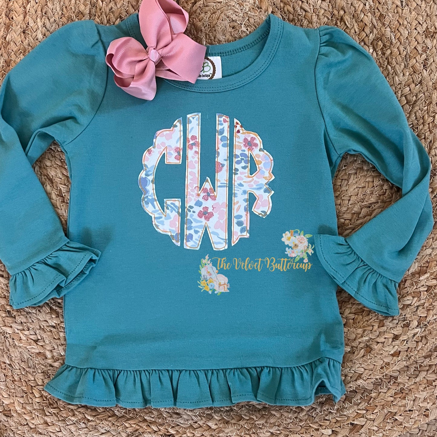 Fall Floral Watercolor Scallop Monogram Tee on Jade