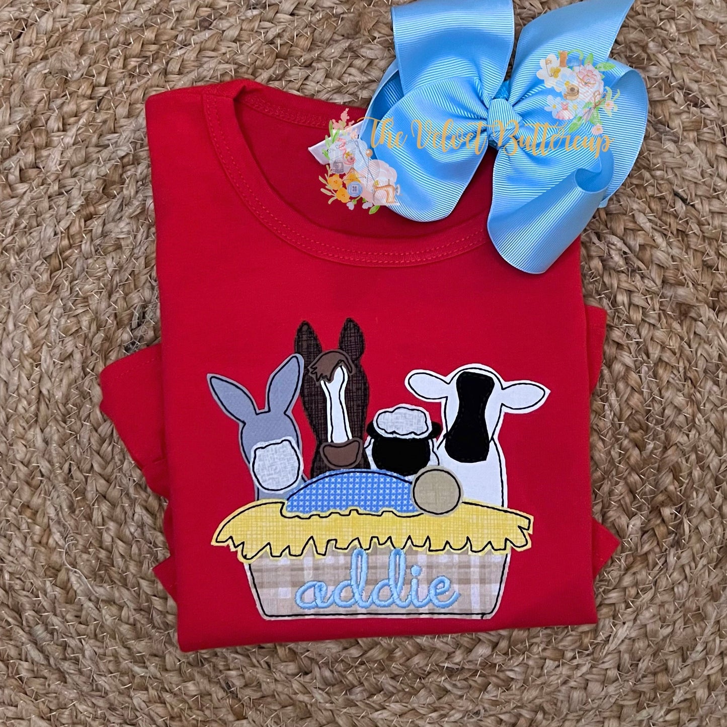 Christmas Manger Baby Jesus Scene with Name Applique Shirt