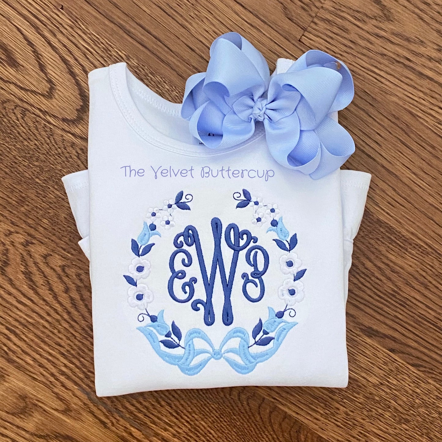 Blue Floral Monogram Ruffle Tee