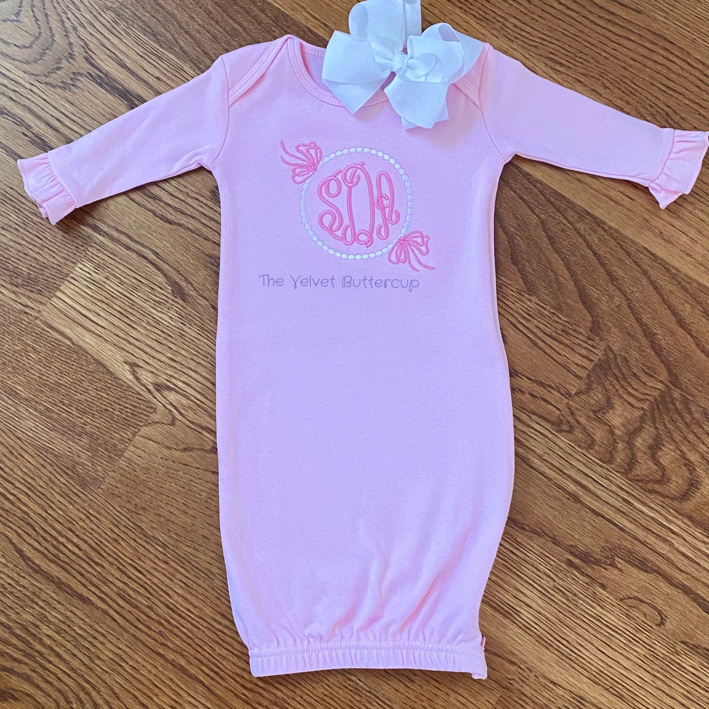 Baby Gown with Pearl Monogram Frame and Bows
