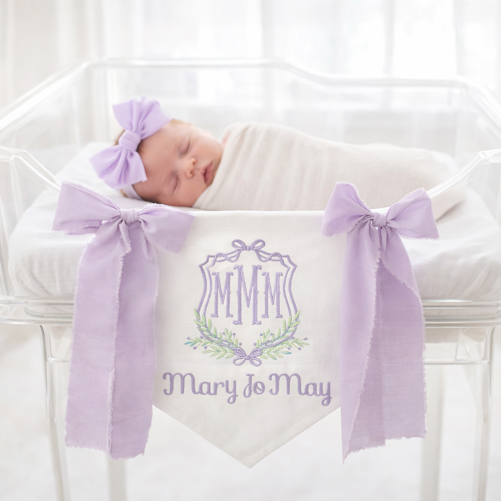 Handmade Baby Banner with Floral Crest and Monogram