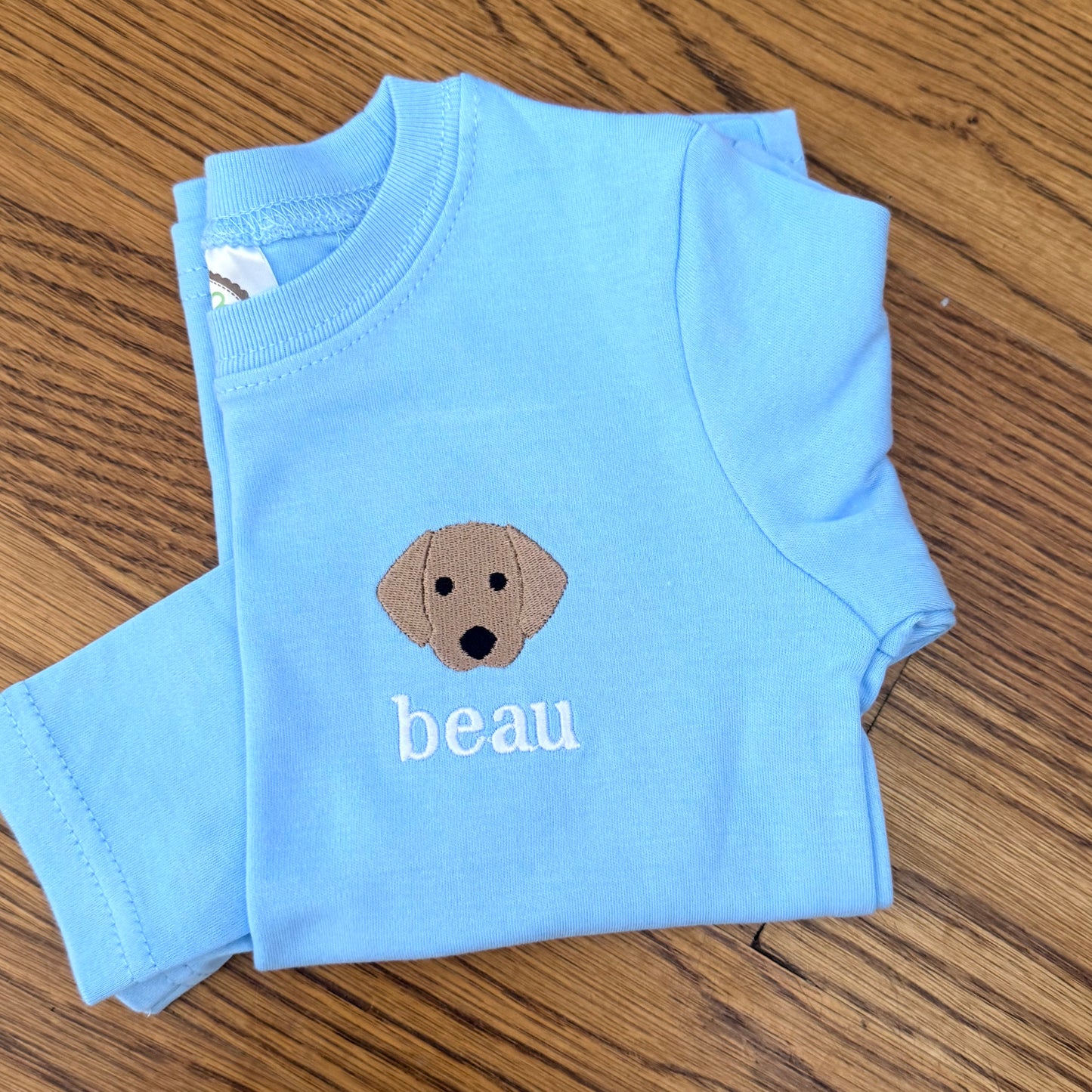 Boys Tee - Light Blue with Mini Dog Lab Design and Name Embroidered
