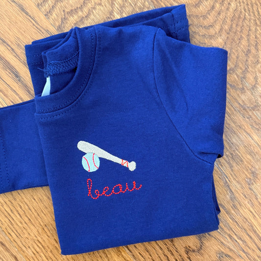 Boys Tee - Navy with Mini Baseball Design and Name Embroidered