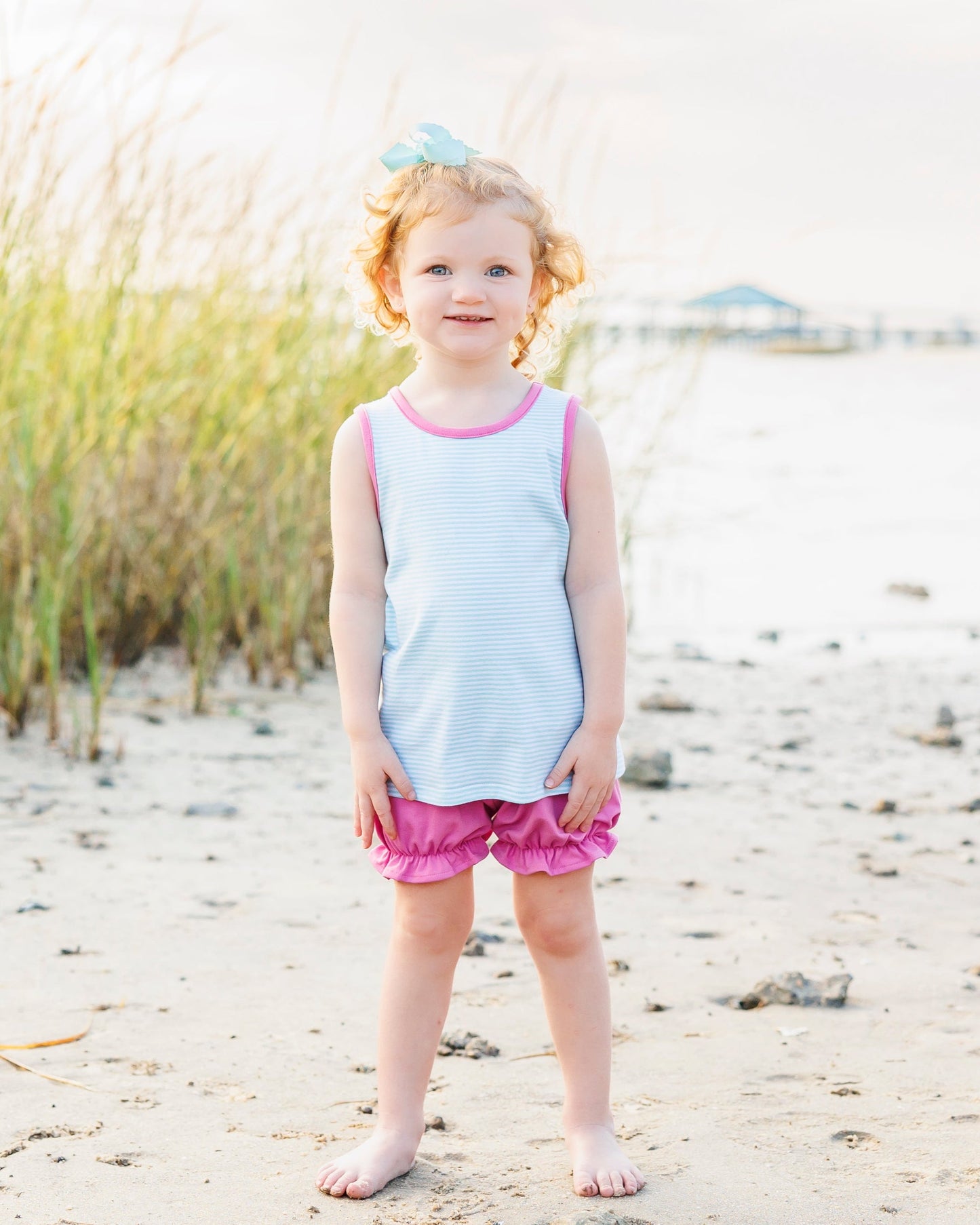 Abby Bow Back Bloomer Set - Aqua Stripe and Fuchsia