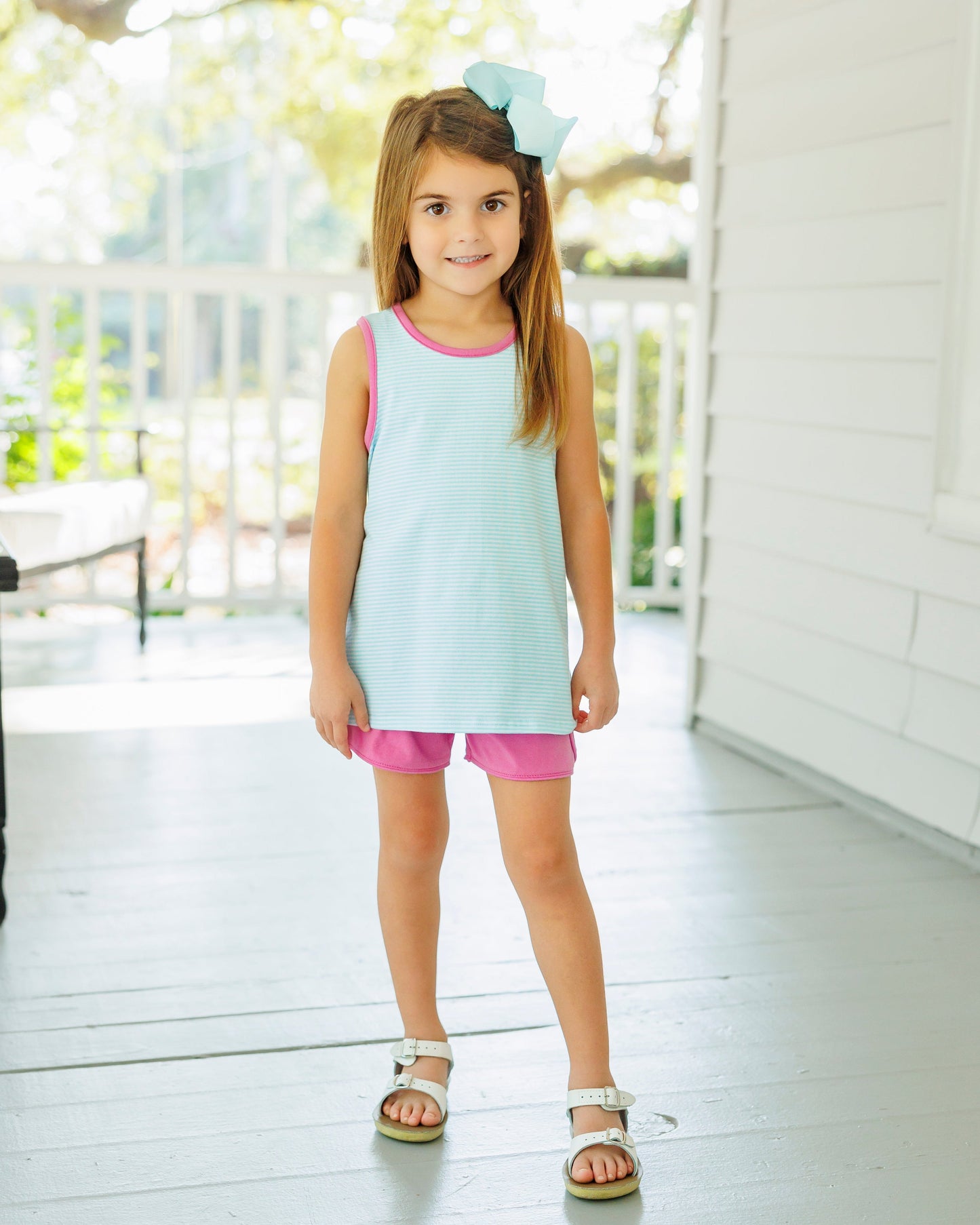 Abby Bow Back Short Set - Aqua Stripe and Fuchsia