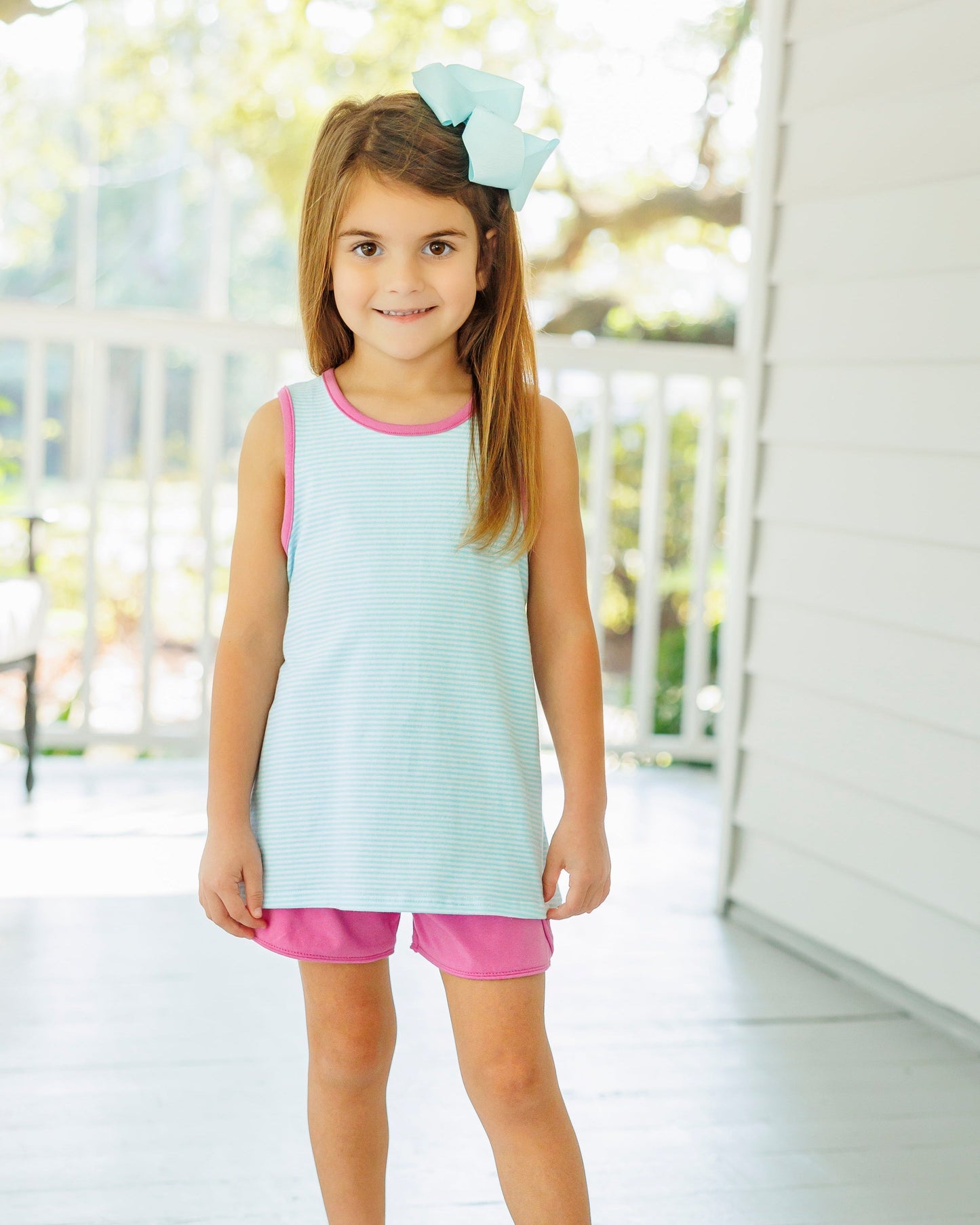 Abby Bow Back Short Set - Aqua Stripe and Fuchsia