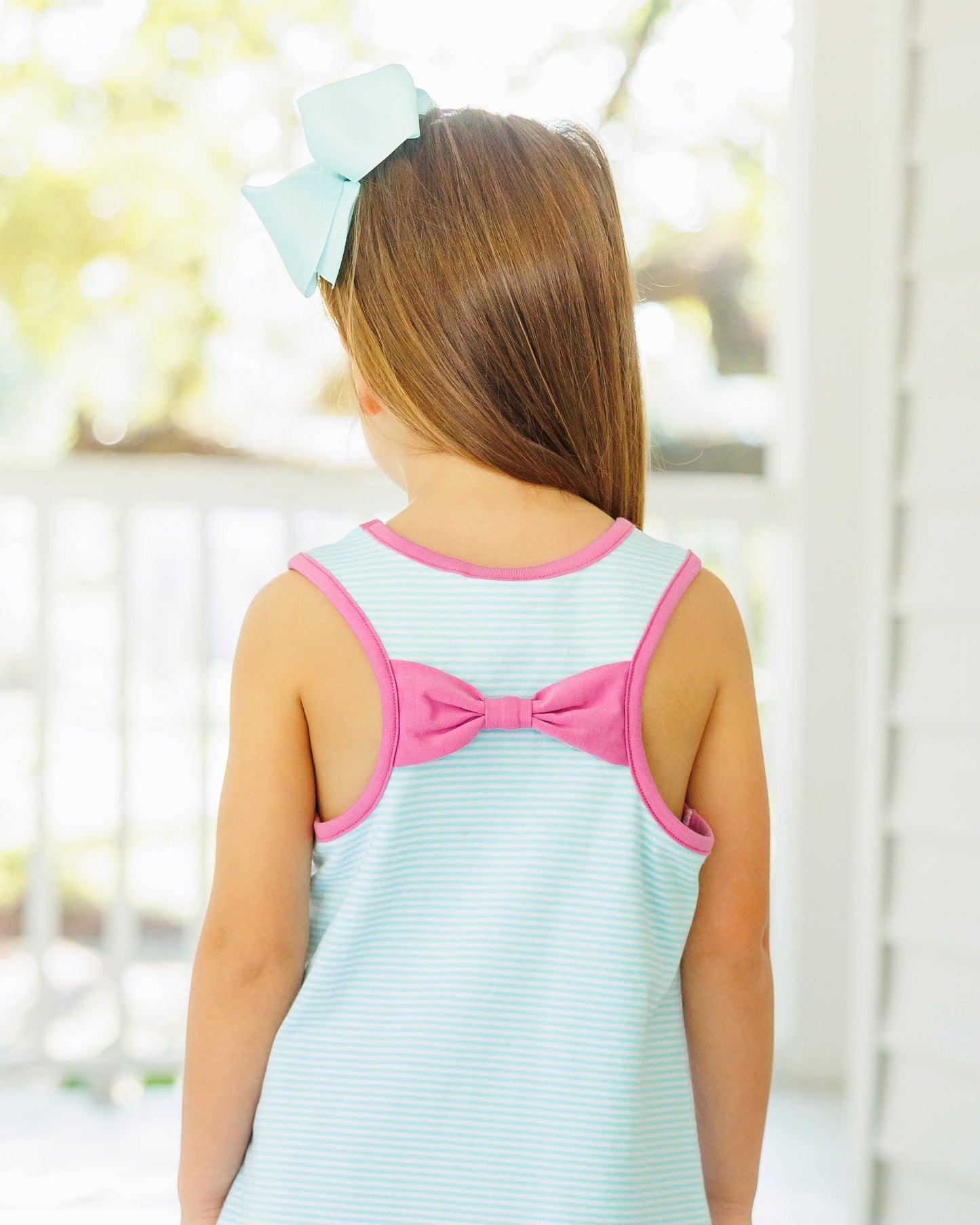Abby Bow Back Short Set - Aqua Stripe and Fuchsia