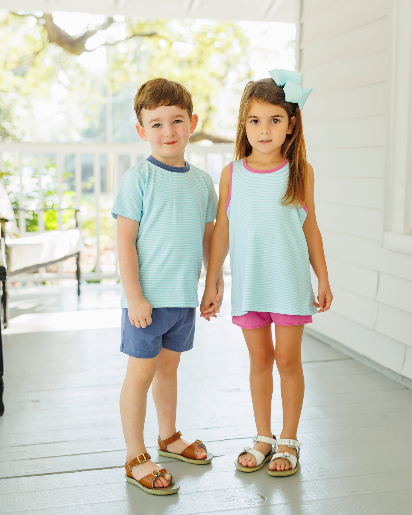 Abby Bow Back Short Set - Aqua Stripe and Fuchsia