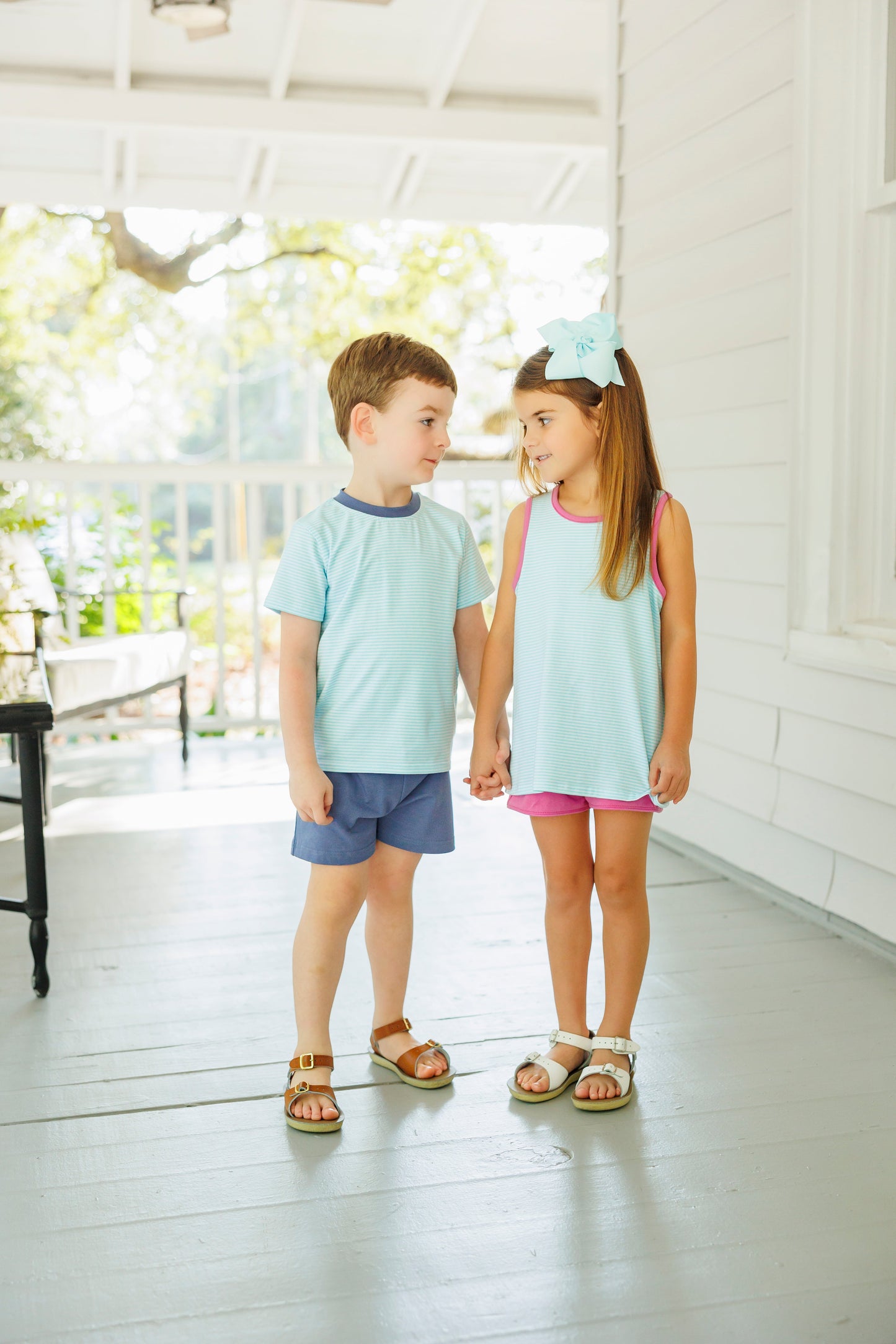 Abby Bow Back Short Set - Aqua Stripe and Fuchsia