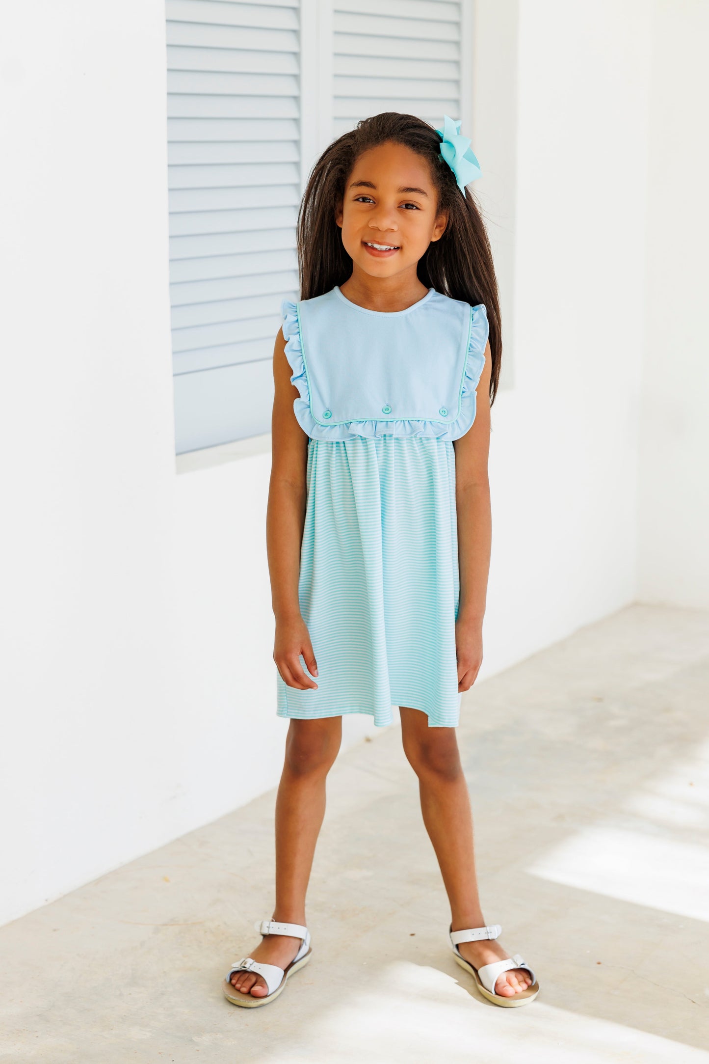 Amelia Dress - Light Blue Stripe with Mint Stripe