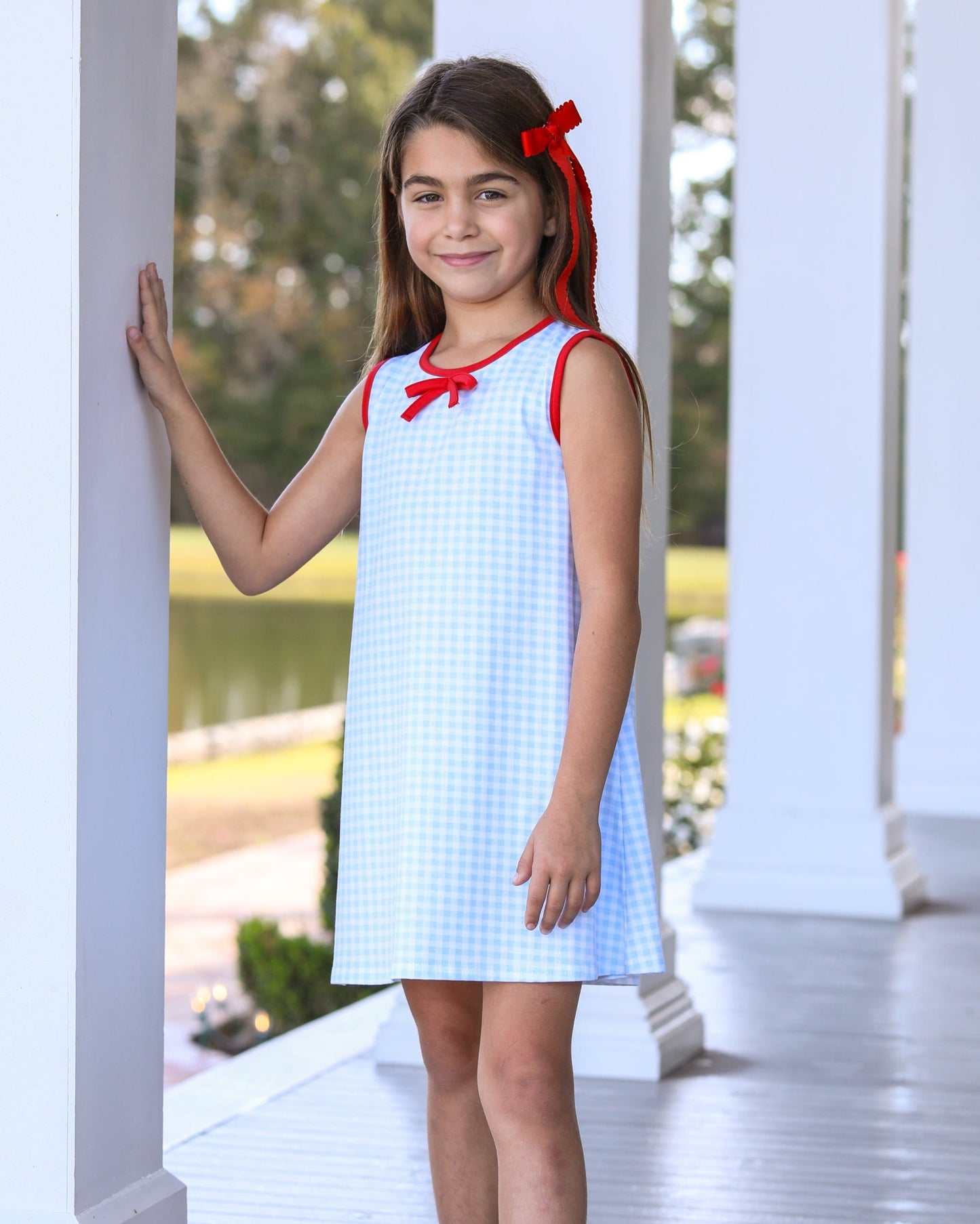 Blue Gingham & Red Bow Dress