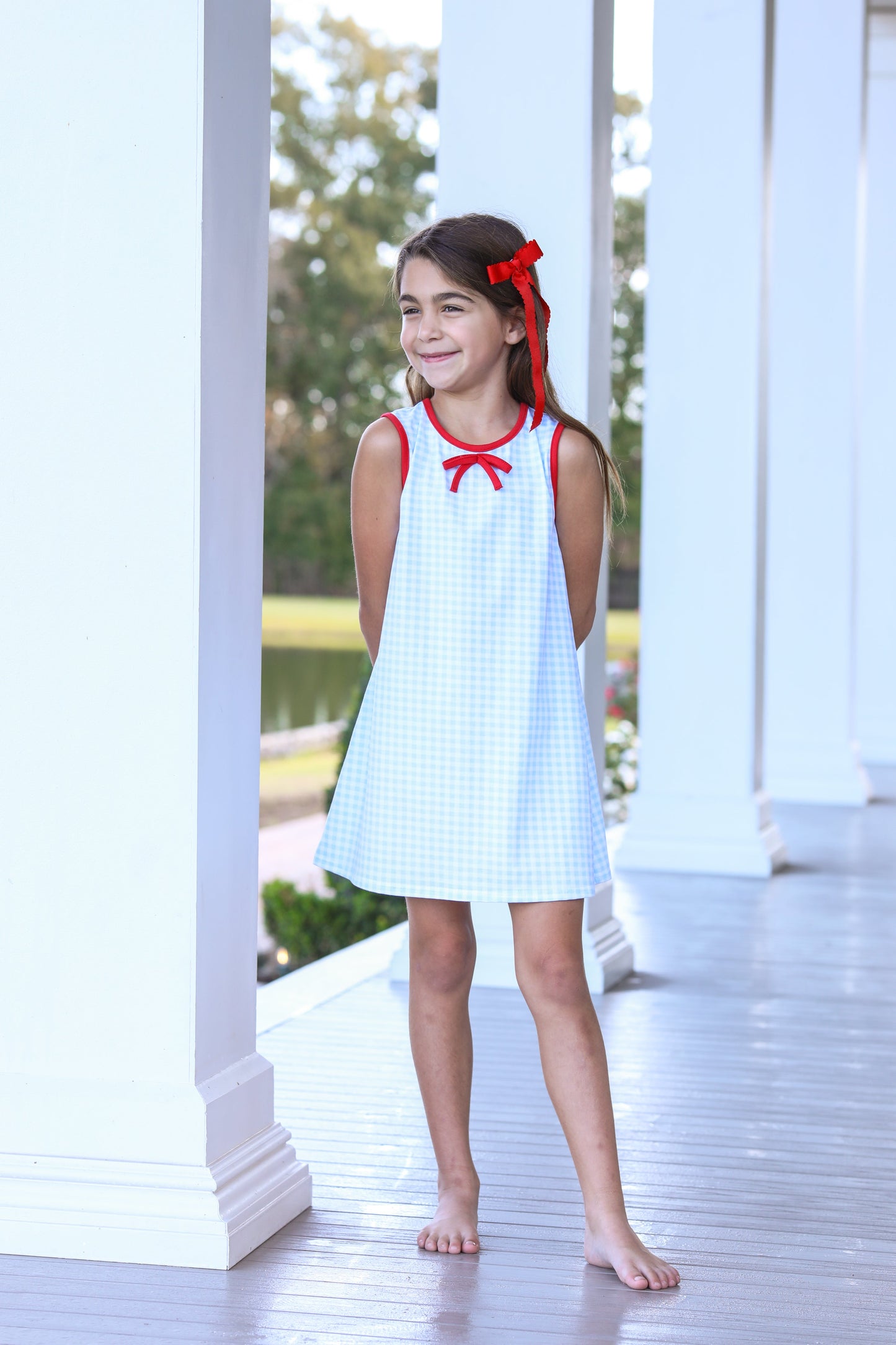 Blue Gingham & Red Bow Dress