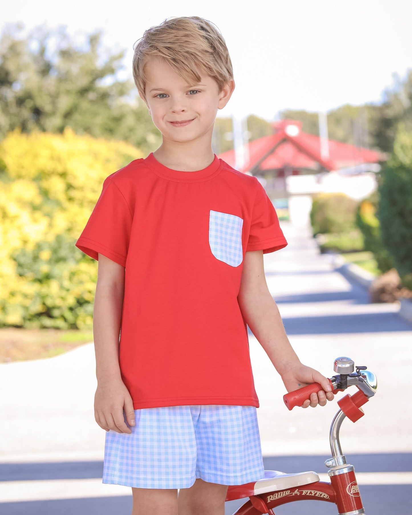 Blue Gingham & Red Pocket Shorts Set