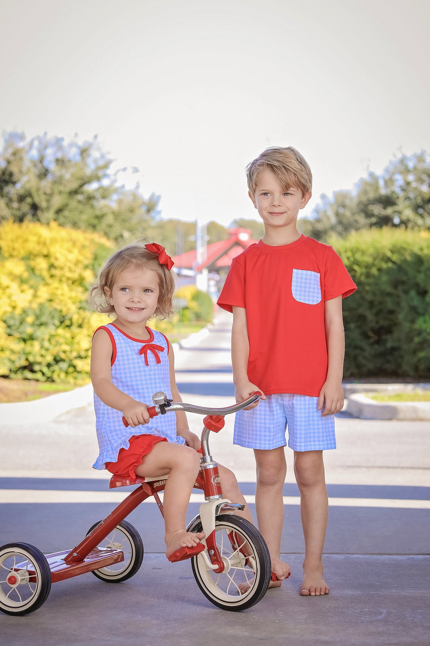 Blue Gingham & Red Pocket Shorts Set