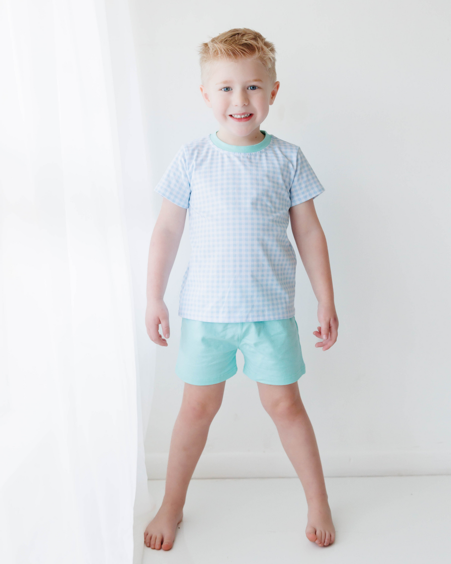 Blue Gingham and Mint Shorts Set