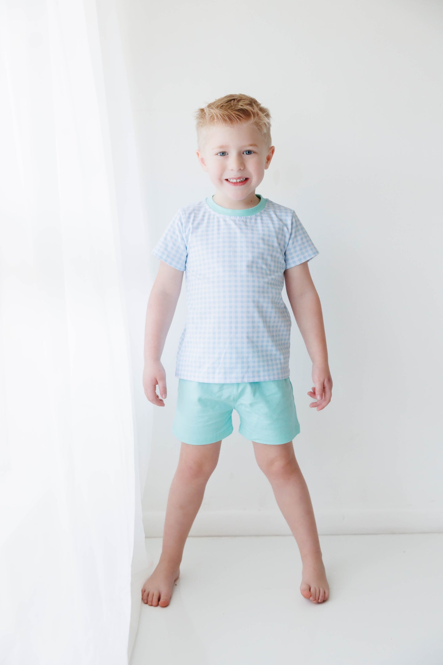 Blue Gingham and Mint Shorts Set