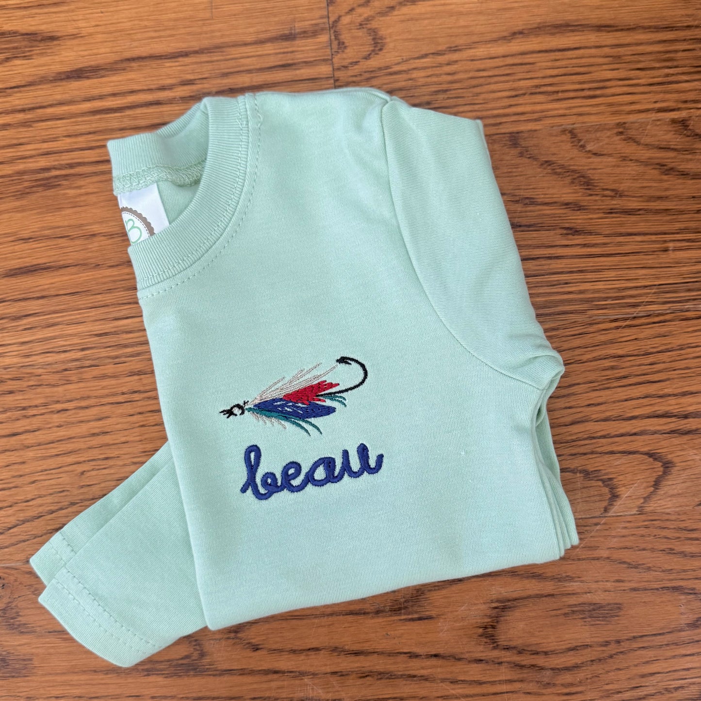 Boys Tee - Sage with Mini Fly Fishing Hook and Name Embroidered