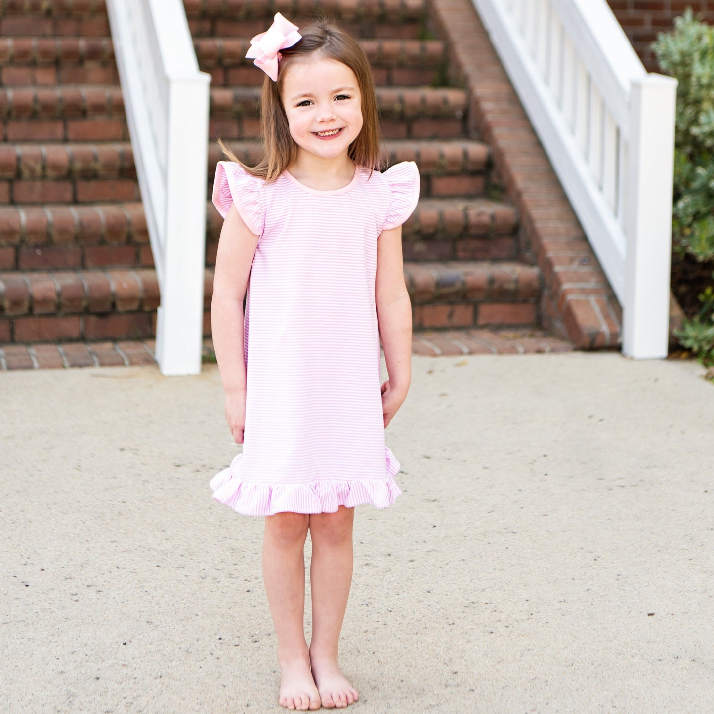 Flutter Sleeve Dress - Light Pink Stripe