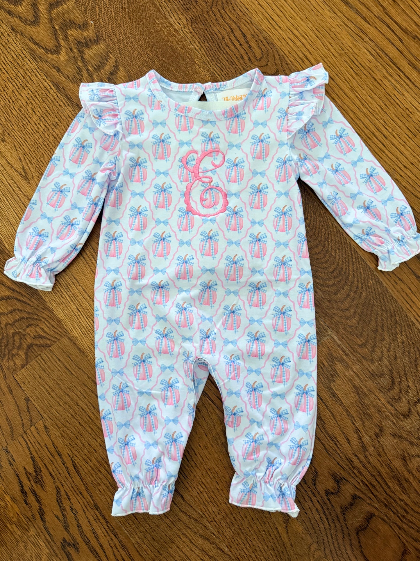 Grandmillenial Style Pumpkin Printed Ruffle Romper with Monogram