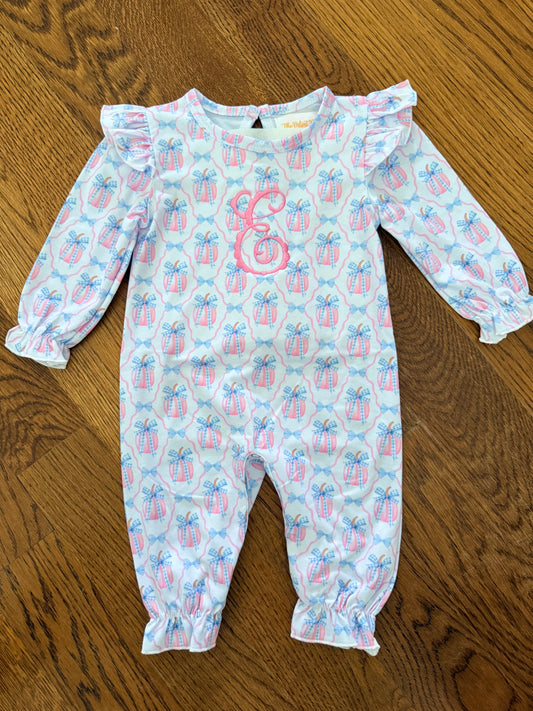 Grandmillenial Style Pumpkin Printed Ruffle Romper with Monogram