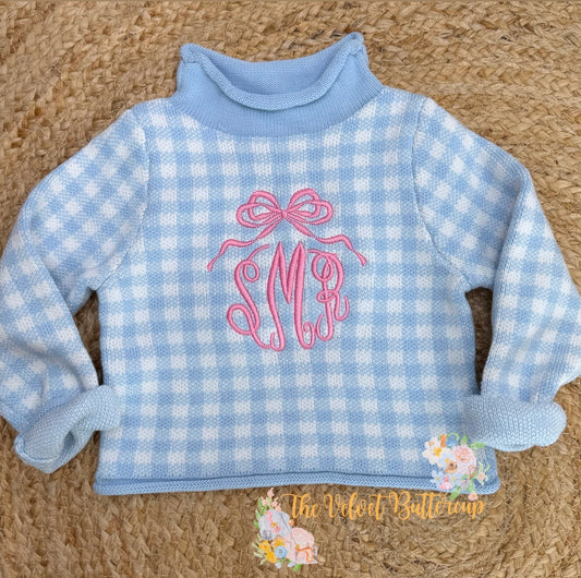 Pink or Blue Plaid Gingham Roll Neck Sweater with Bow Monogram