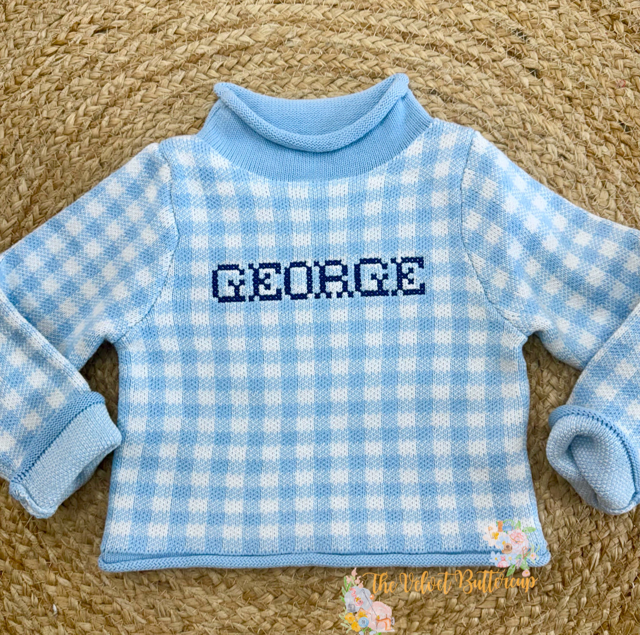 Pink or Blue Plaid Gingham Roll Neck Sweater Preorder - Ships in Late Oct
