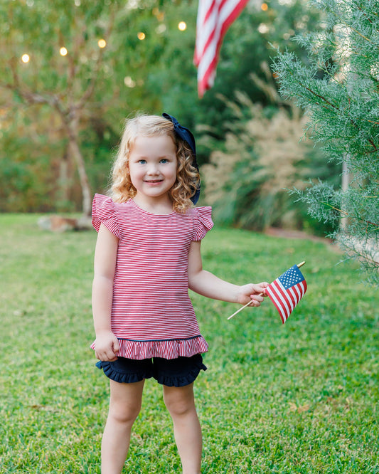 Gracie Ruffle Short Set - Red Stripe and Navy