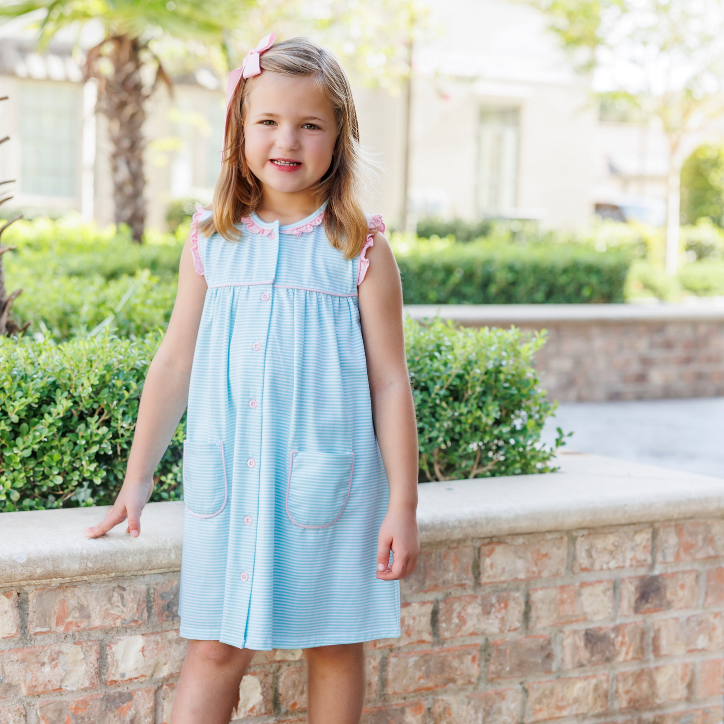 Harper Dress - Mint Stripe with Pink