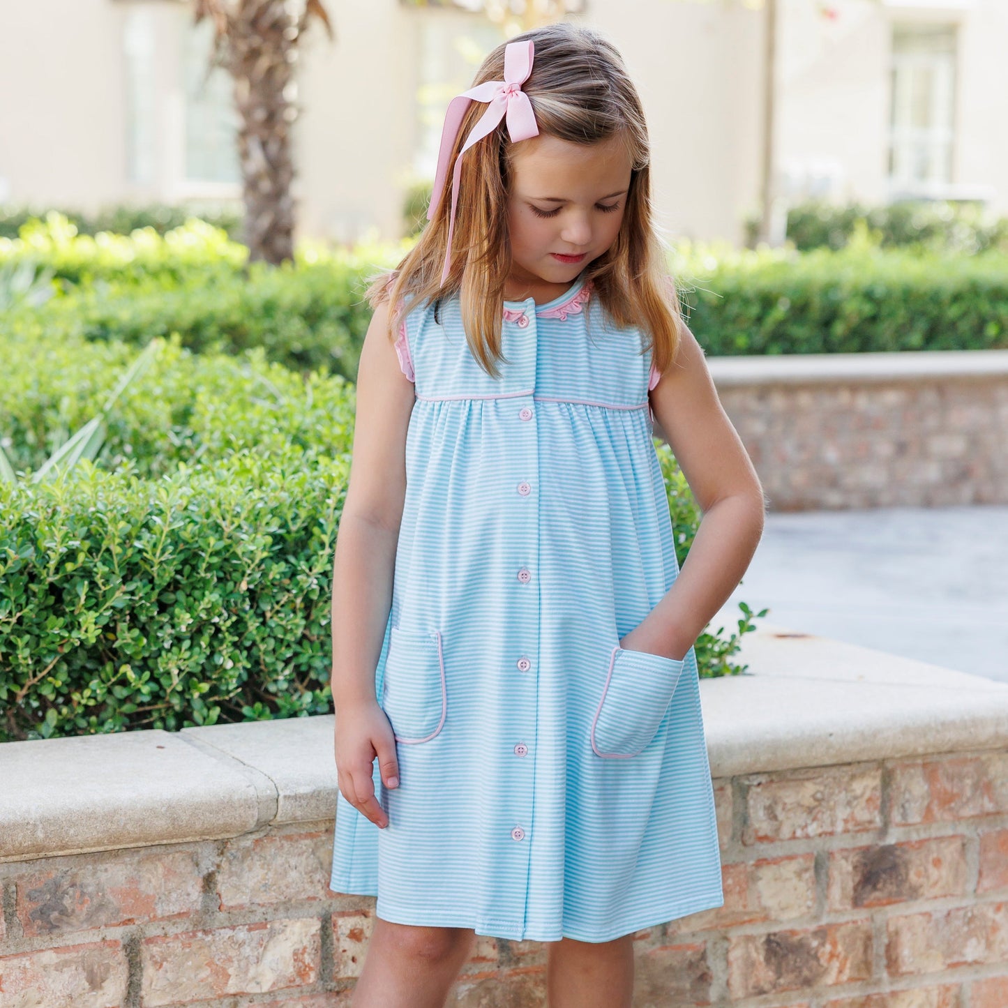 Harper Dress - Mint Stripe with Pink