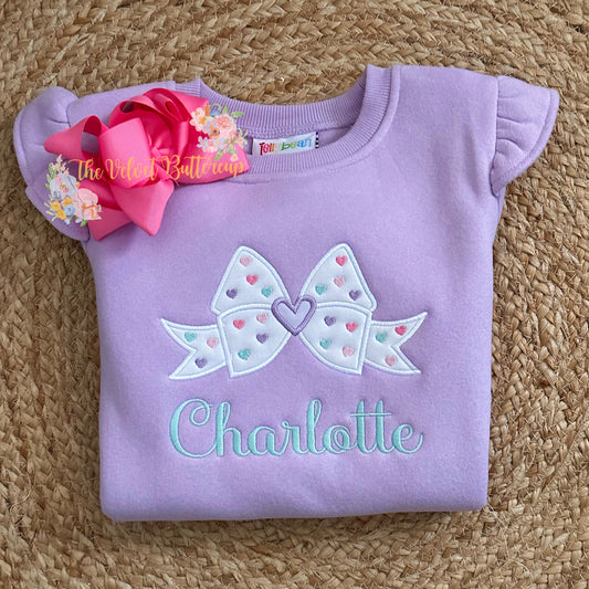 Valentines Day Bow with Hearts Appliqué Sweatshirt