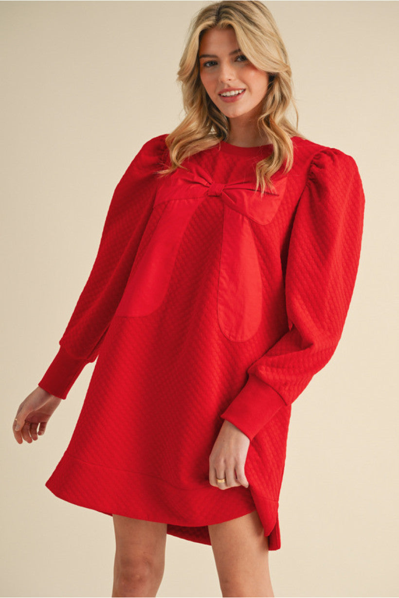 Textured Dress - Red with Bow