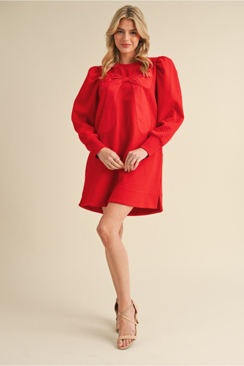 Textured Dress - Red with Bow