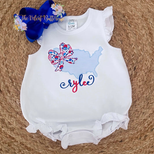 America with Bow and Name Appliqué Bubble or Shirt