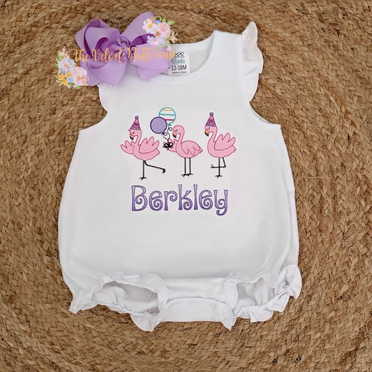 Flamingo Birthday Embroidered Shirt or Bubble with Name