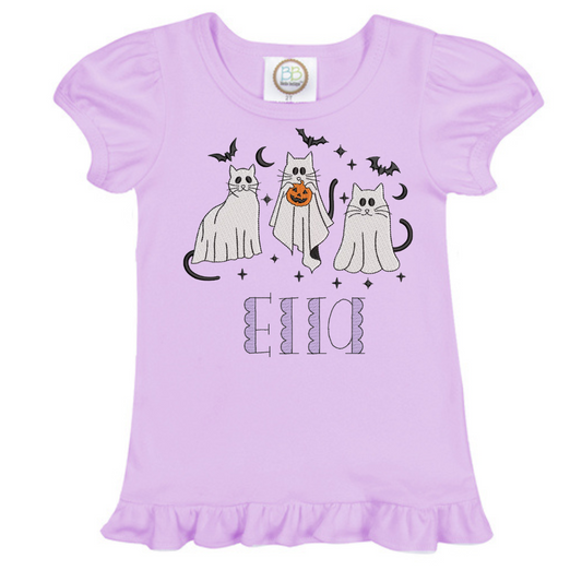 Girls Halloween Kitty Cat Embroidered Shirt with Name