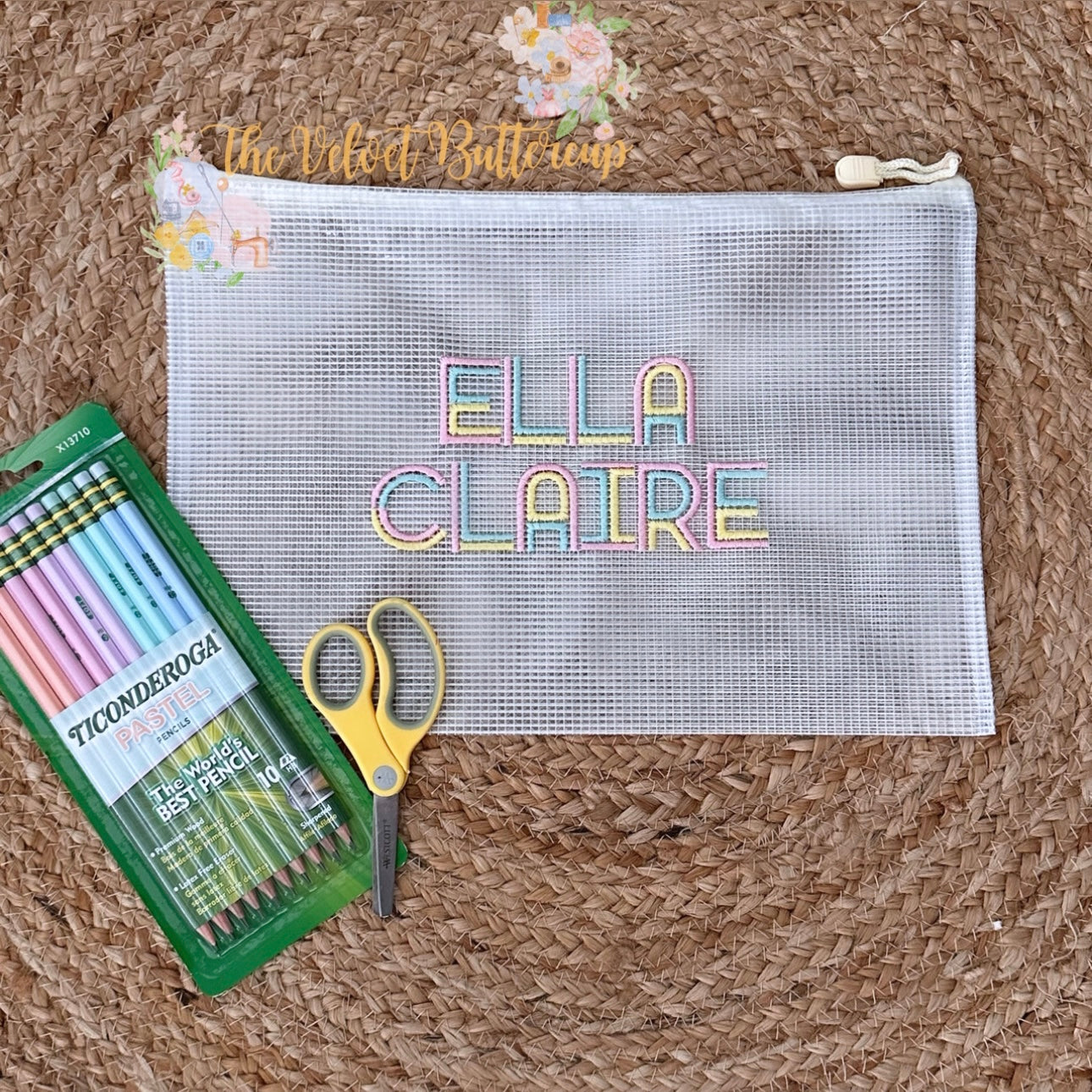 Zip Bag or Pencil Pouch with Embroidered Name or Monogram or Wording